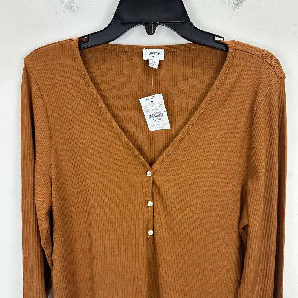 J.Crew Long Sleeve Button Henley Top Ribbed Stretch Jersey Mocha Latte XL NWT